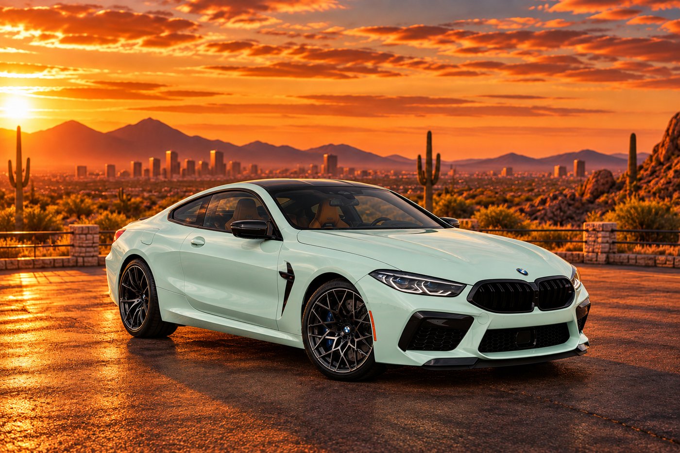 Mint green BMW M8 Competition Coupe at sunset over the Phoenix skyline