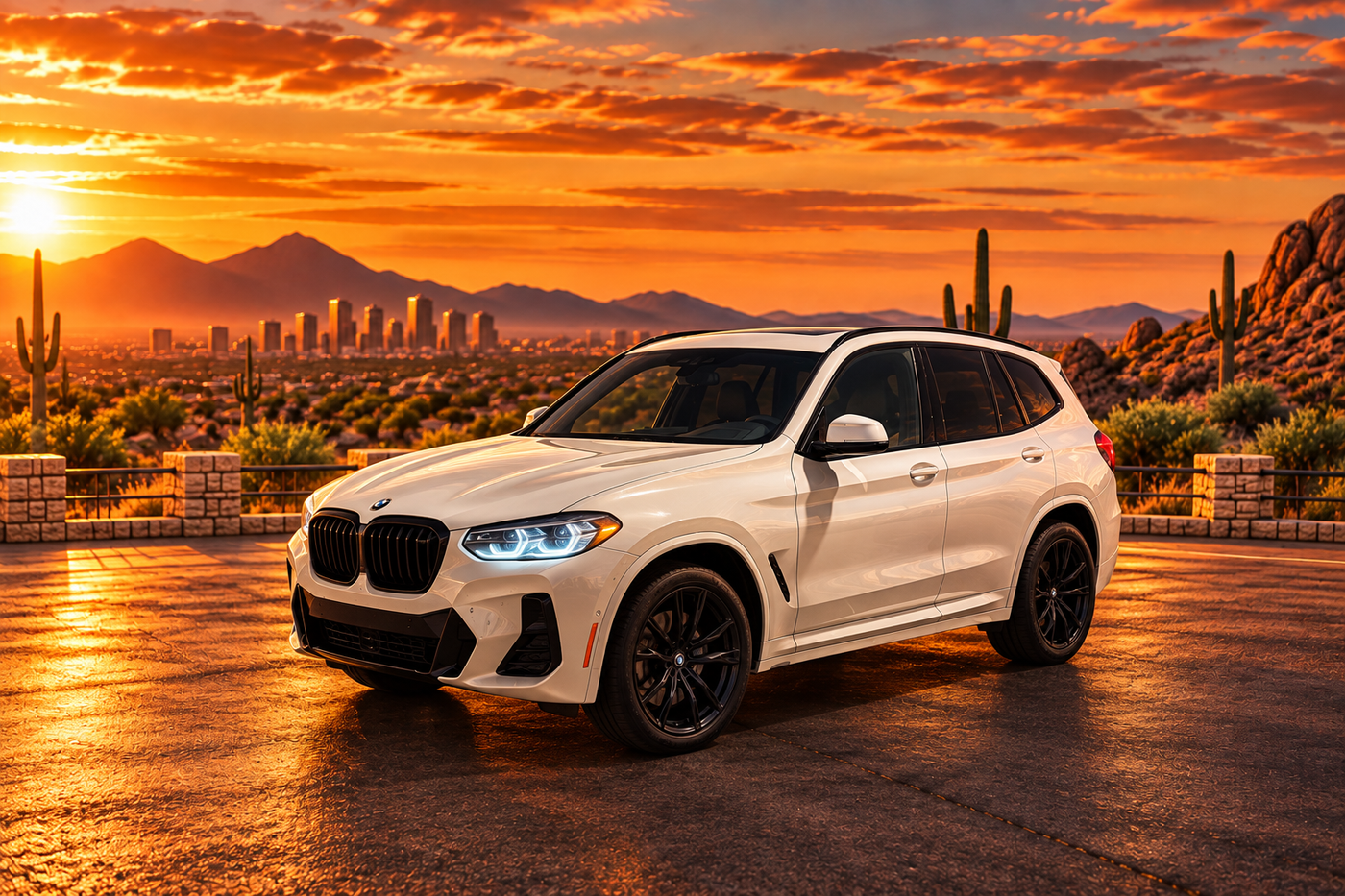 White 2023 BMW X3 at sunset overlooking Phoenix