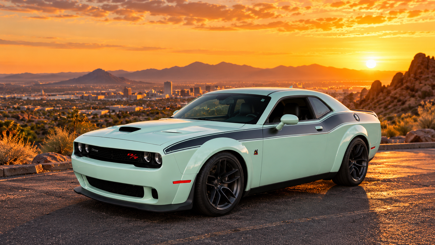 Mint green 2022 Dodge Challenger R/T Scat Pack at sunset overlooking Phoenix