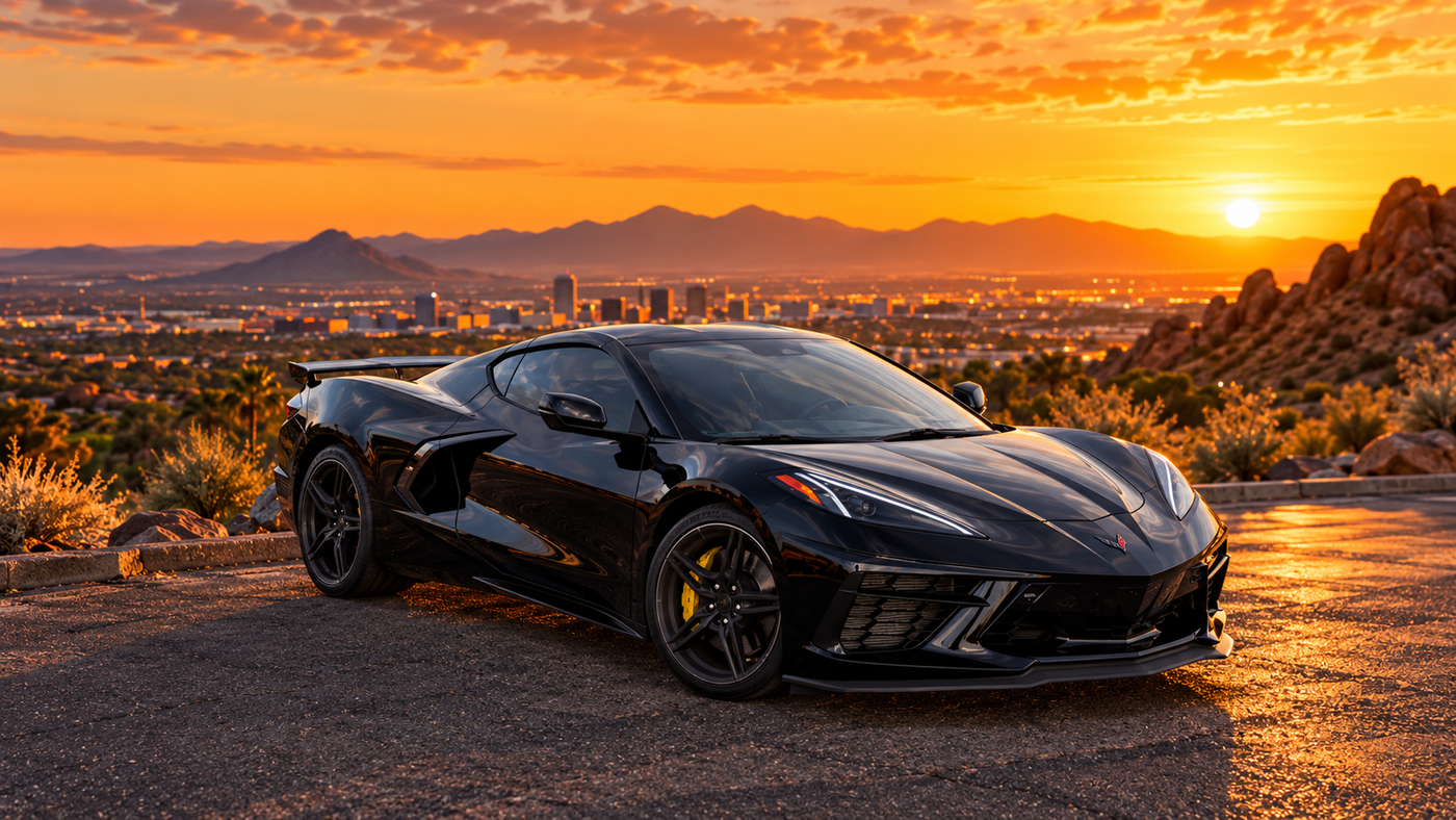 Black Chevrolet Corvette C8 Z51 at sunset above Phoenix