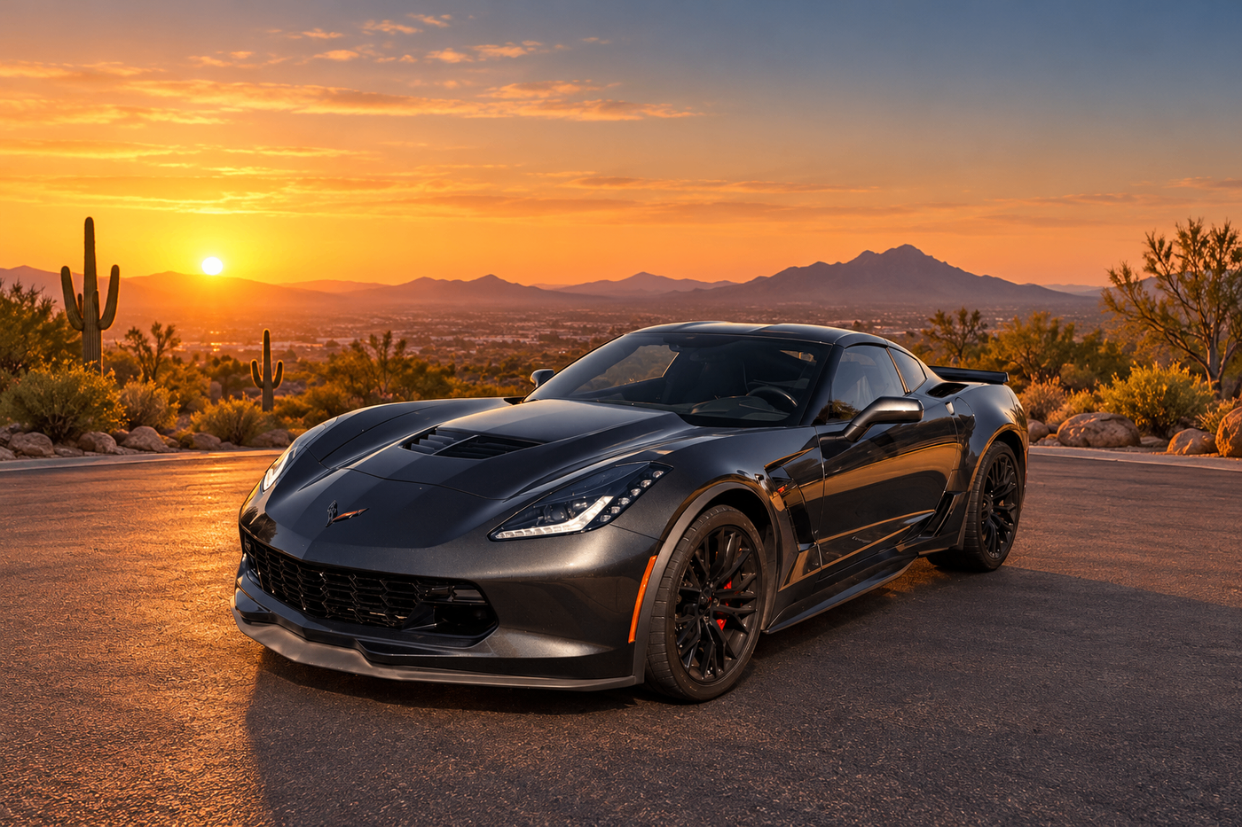Dark gray Chevrolet Corvette C7 Z06 at sunset in the Arizona desert