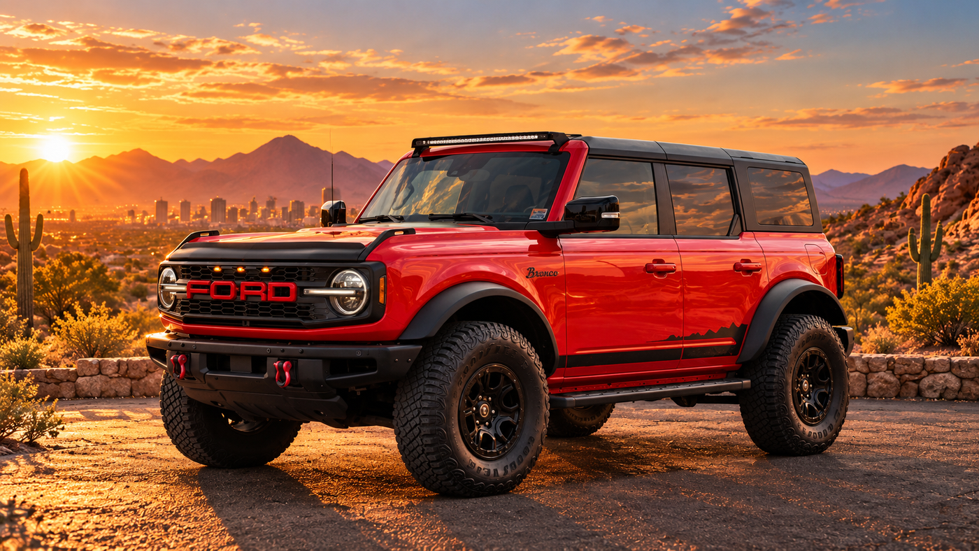 Red Ford Bronco Wildtrak at sunset in the Arizona desert